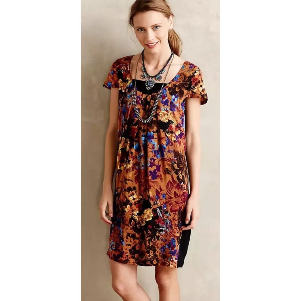 Maeve Small Silk Floral Print Short Sleeve Shift Dress‎ Autumn Colors
